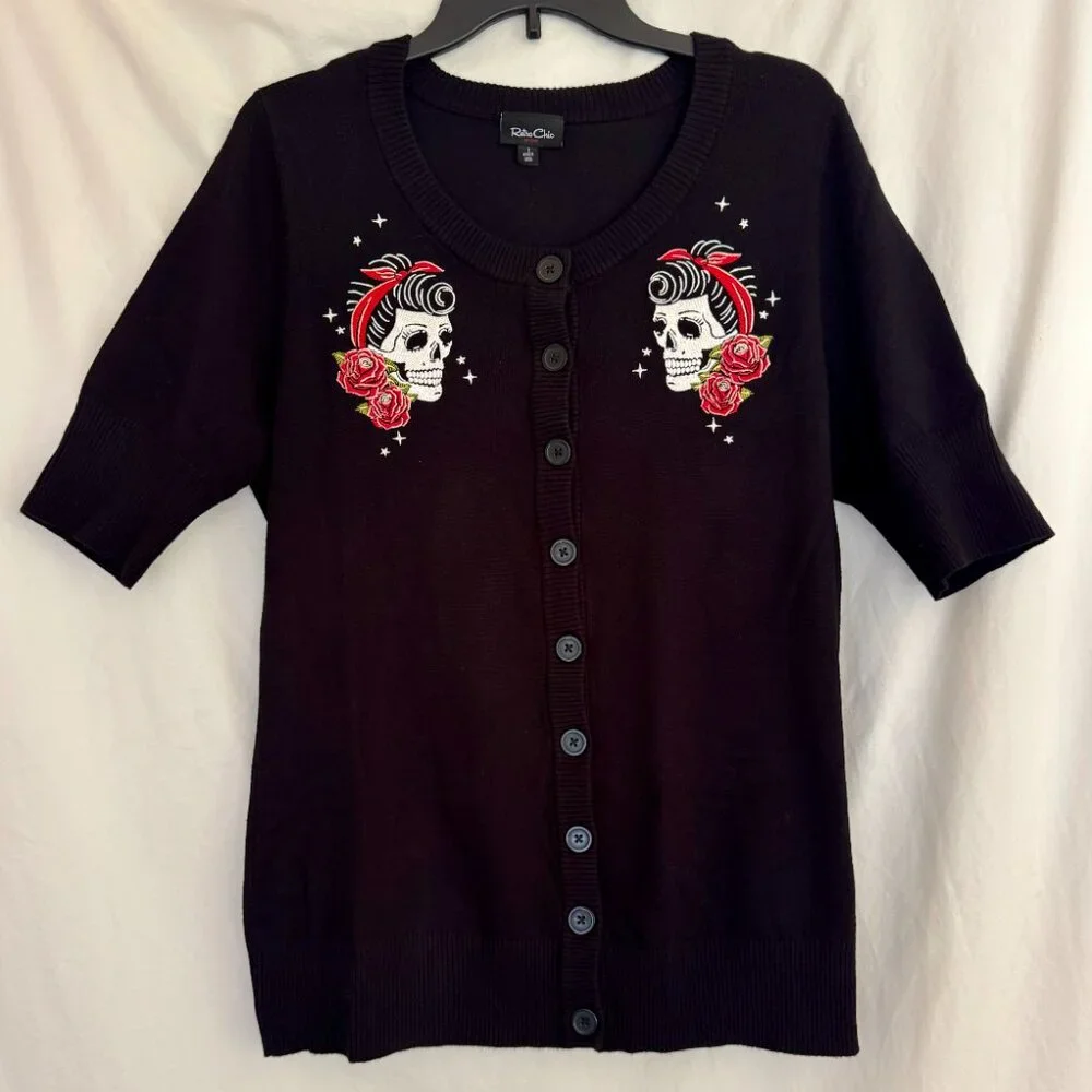 Retro Chic Rockabilly Floral Skull Crop Cardigan - Picture 2 of 5